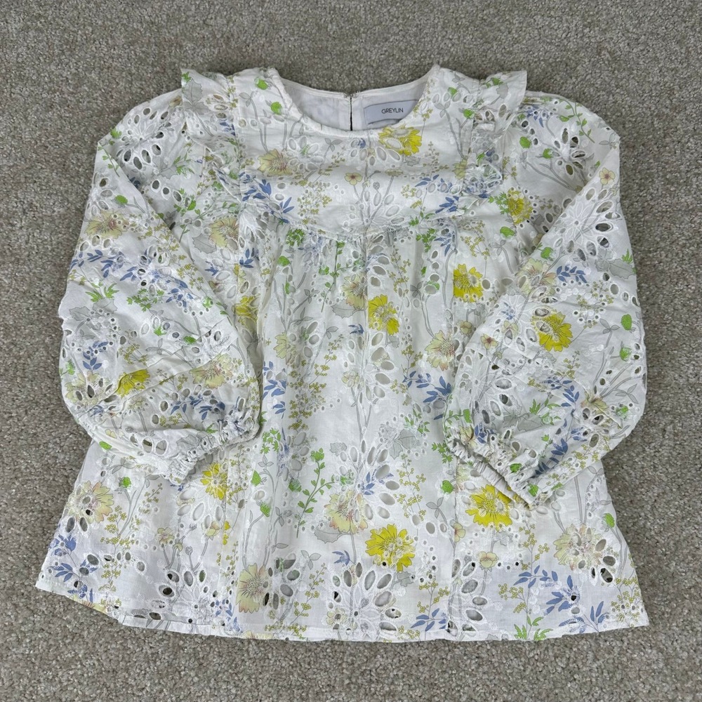 Greylin Anthropologie Floral Eyelet Ruffle Blouse White Blue Cotton Top Women XS